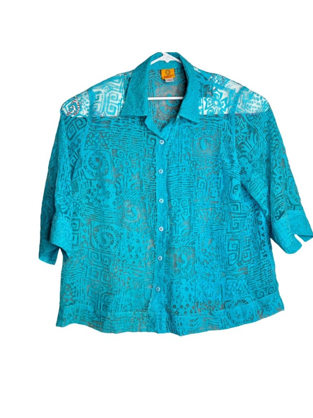 Ruby Rd 20W Turquoise Abstract Print Button Front Sheer Blouse Top Plus Size